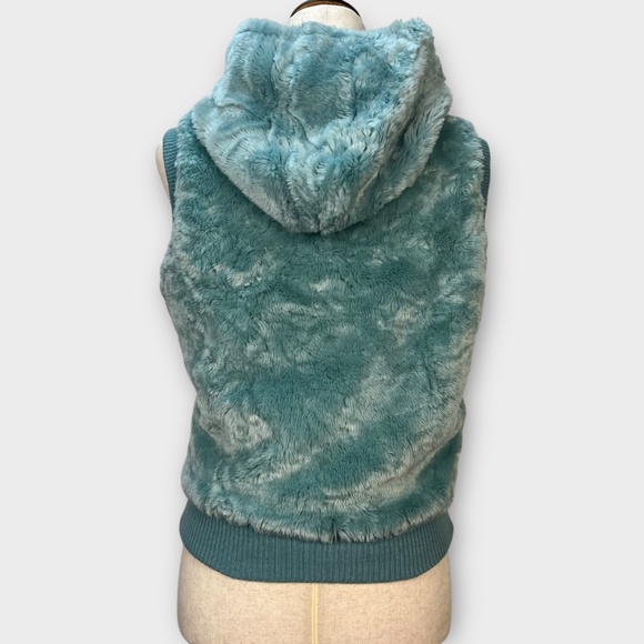 Vintage Y2K Wet Seal Faux Fur Vest Women M Winter Hoodie Plush Zip Pom Poms Cozy - Picture 8 of 14